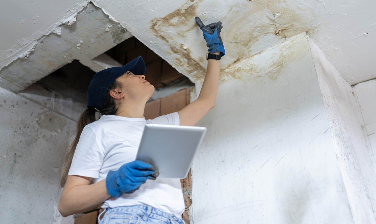 A contractor assessing flood damage in a basement ceiling